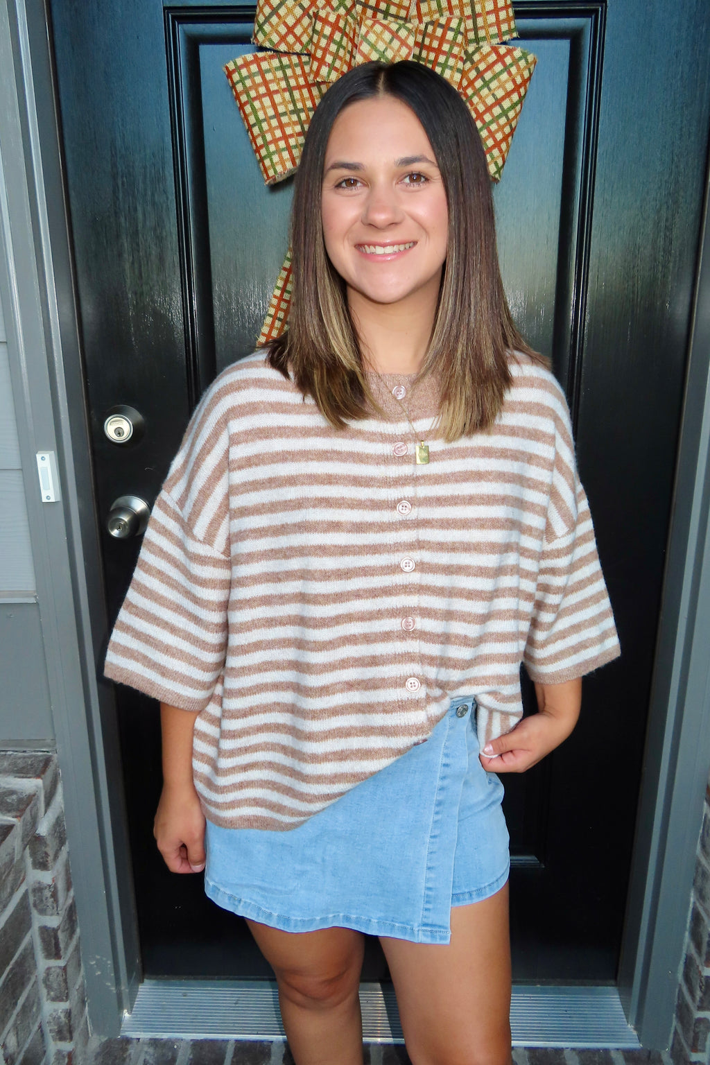 Taupe Striped Button Sweater
